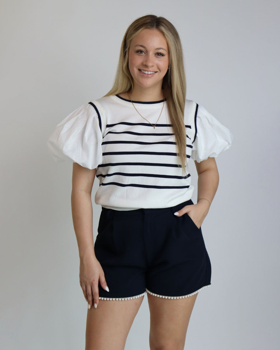 Pearl Embellished Shorts in Navy - Blackbird Boutique