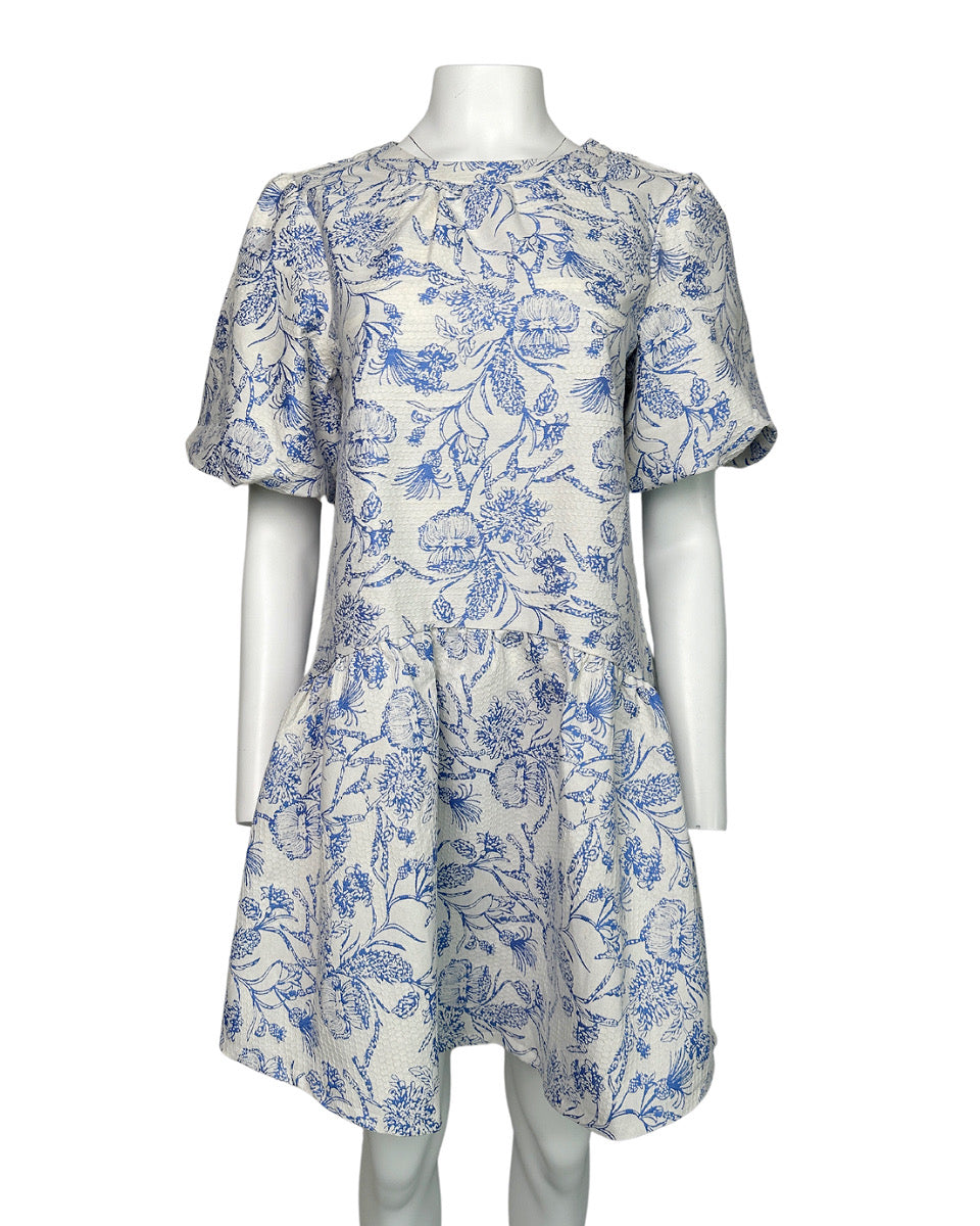 Blue Floral Jacquard Dress - Blackbird Boutique