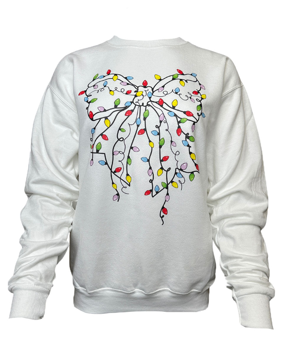 Christmas Lights Bow Oversized Sweatshirt in White - Blackbird Boutique