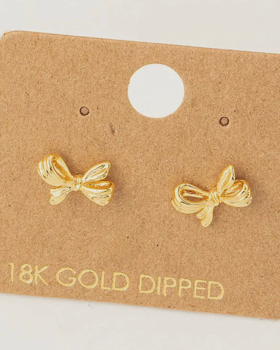 Gold Dipped Mini Ribbon Bow Stud Earrings - Blackbird Boutique