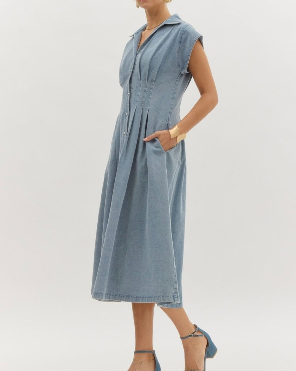 Denim Midi Dress in Light Blue - Blackbird Boutique