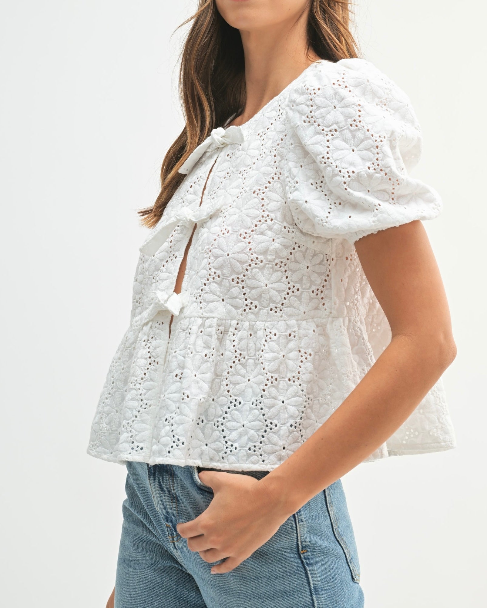 Eyelet Puff Sleeve Bottom Ruffle Front Tie Top in Off White - Blackbird Boutique