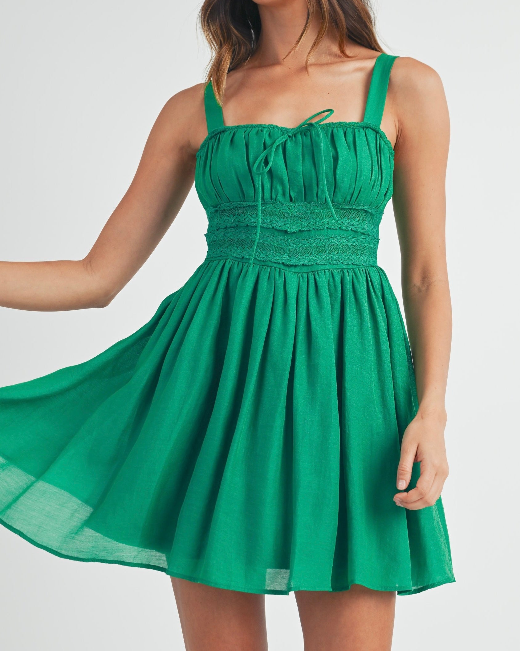 Lace Trimmed Gathered Bust Mini Dress in Kelly Green - Blackbird Boutique