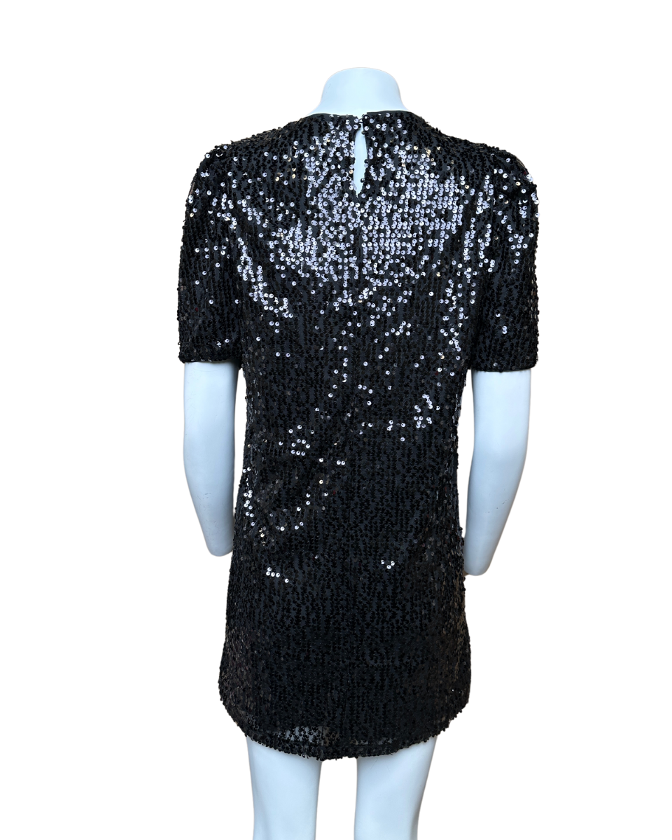 Round Neck Puff Shoulder Sequin Dress in Black - Blackbird Boutique