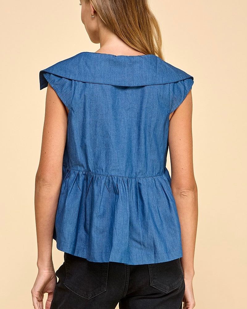 Denim Collared Peplum Top - Blackbird Boutique