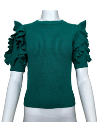 RUFFLE DETAIL PULL ON SWEATER - PINE GREEN