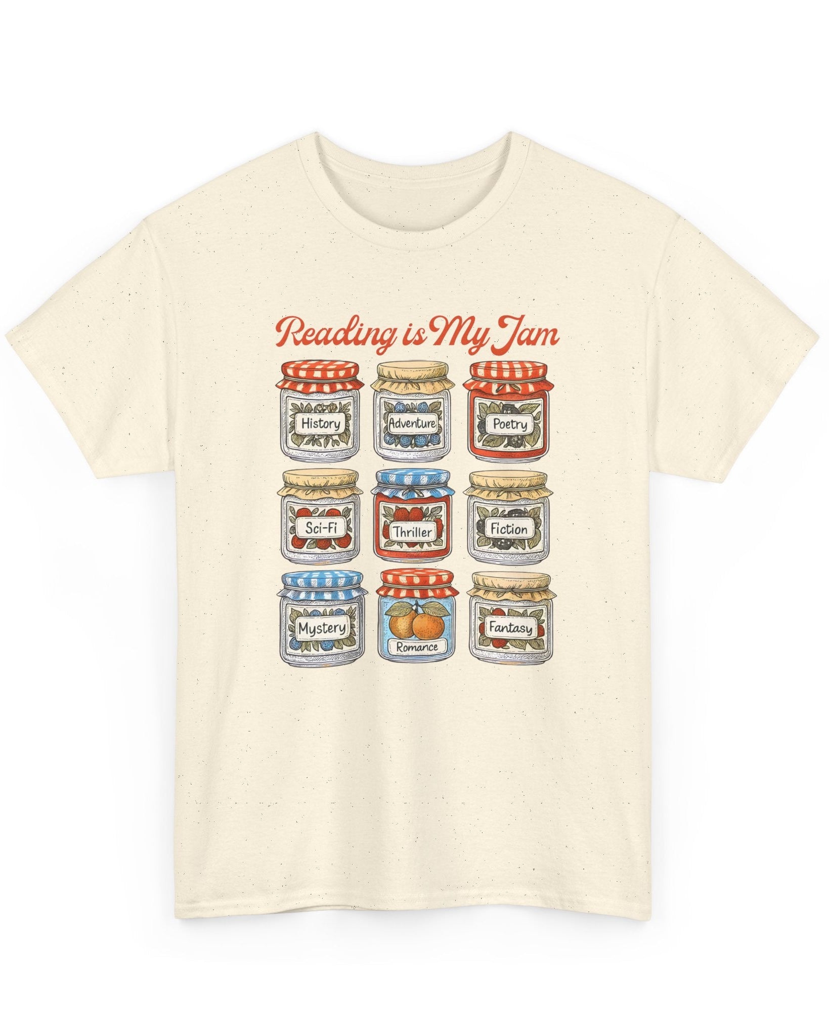 Beige t-shirt with colorful jam jar design and 'Reading is My Jam' text on a white background