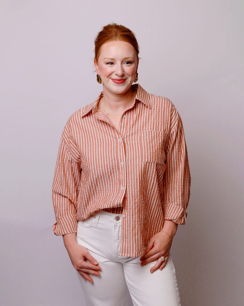 Striped Button-Up Collared Long Sleeve Shirt in Brick
