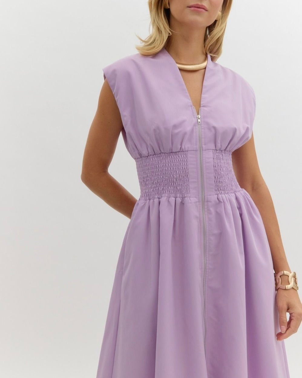 Solid V-Neck Sleeveless Midi Dress in Lavender