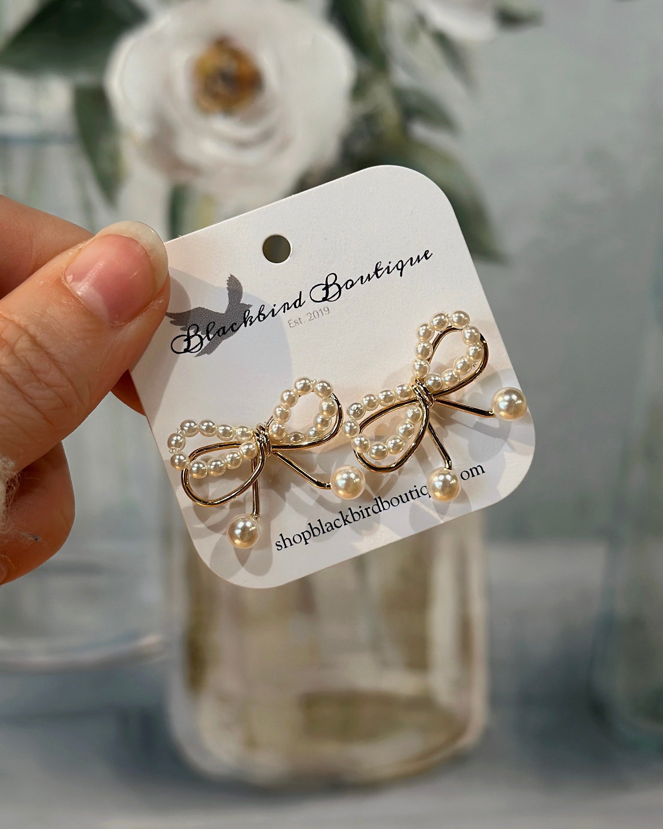 Pearl And Metallic Ribbon Bow Stud Earrings - Blackbird Boutique