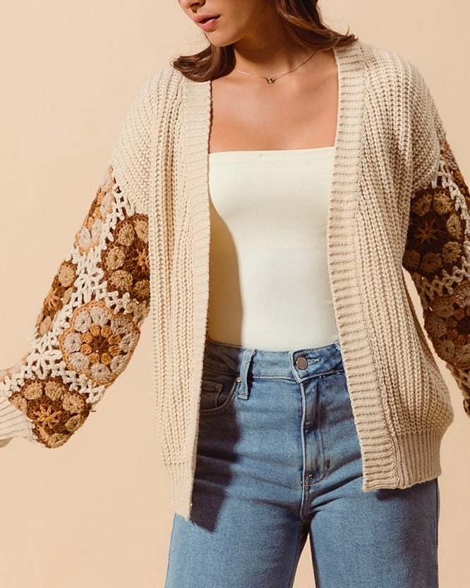 Open Front Cardigan with Floral Crochet Sleeve - Oatmeal - Blackbird Boutique