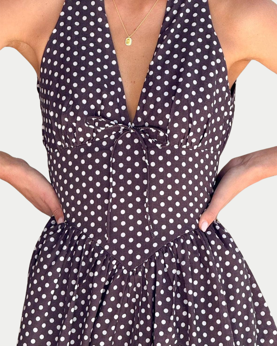 Vivian Dark Brown Polka Dot Halter Dress - Blackbird Boutique