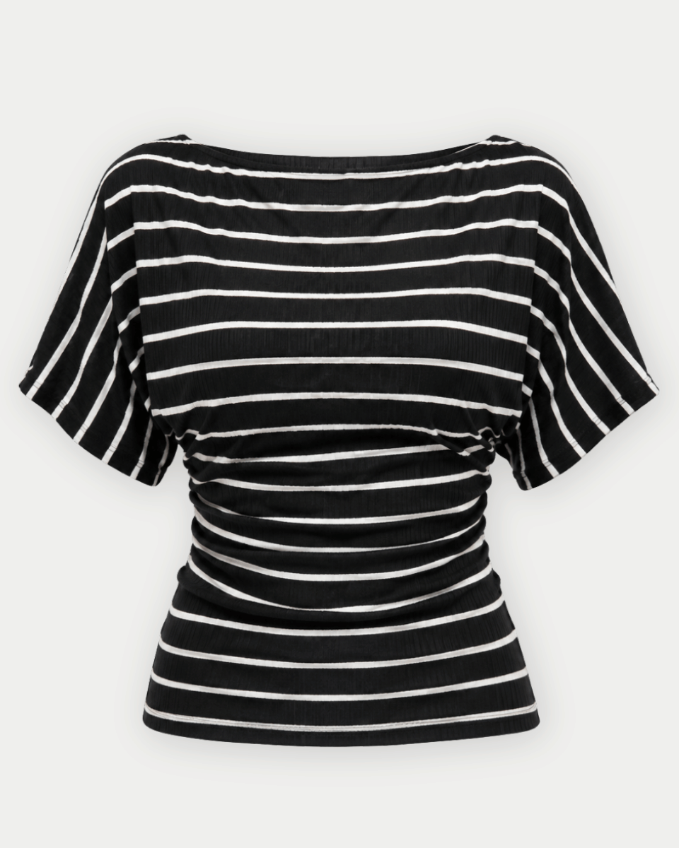 Amelia Striped Boat Neck Ruched Kimono Sleeve Top - Blackbird Boutique