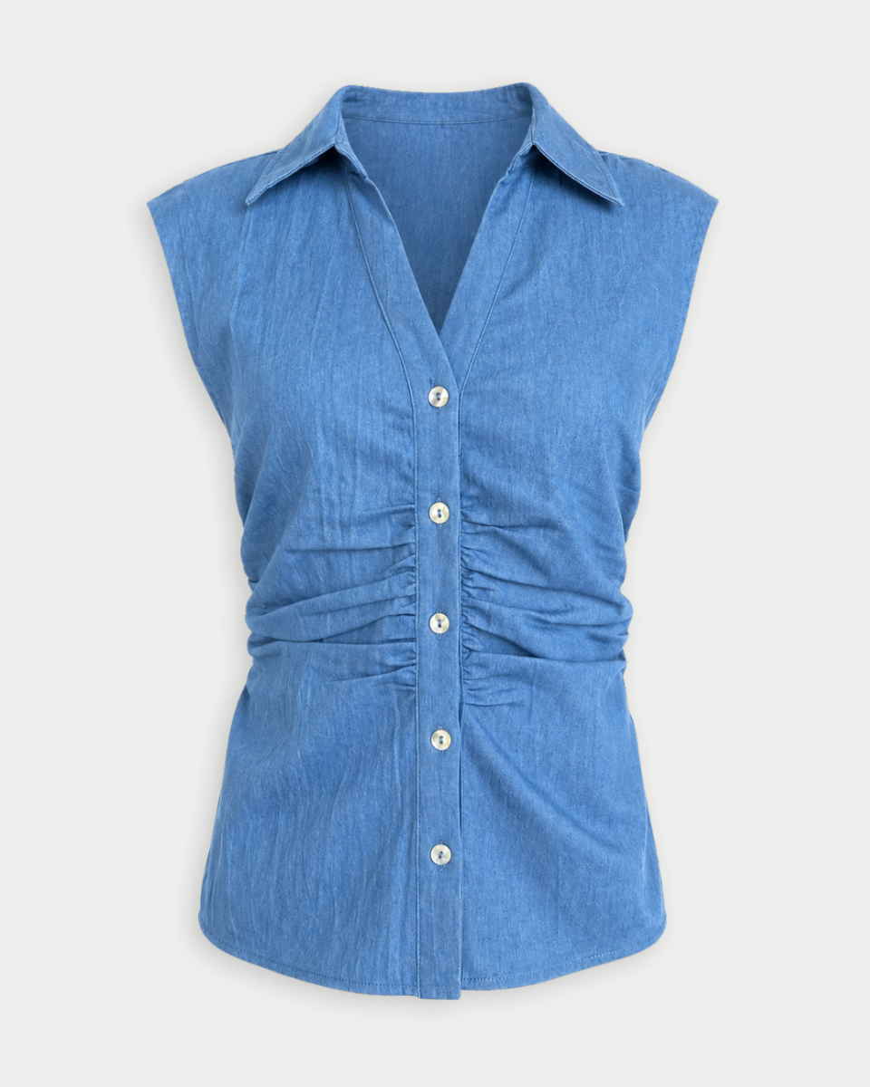 Kylie Sleeveles Stretch Denim Side Ruched Top - Blackbird Boutique