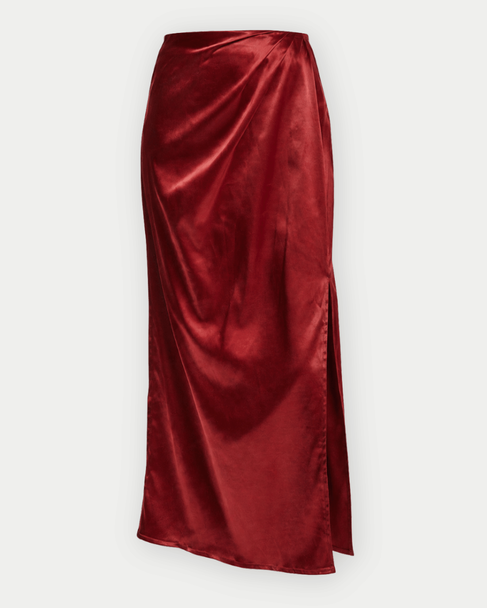 Satin Side Slit Midi Skirt - Burgundy