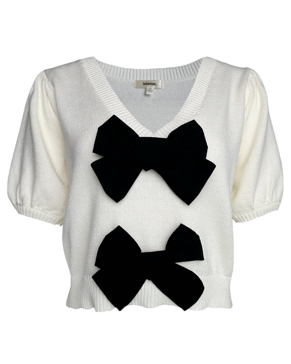 Bow Front V-Neck Puff Sleeve Sweater - Blackbird Boutique