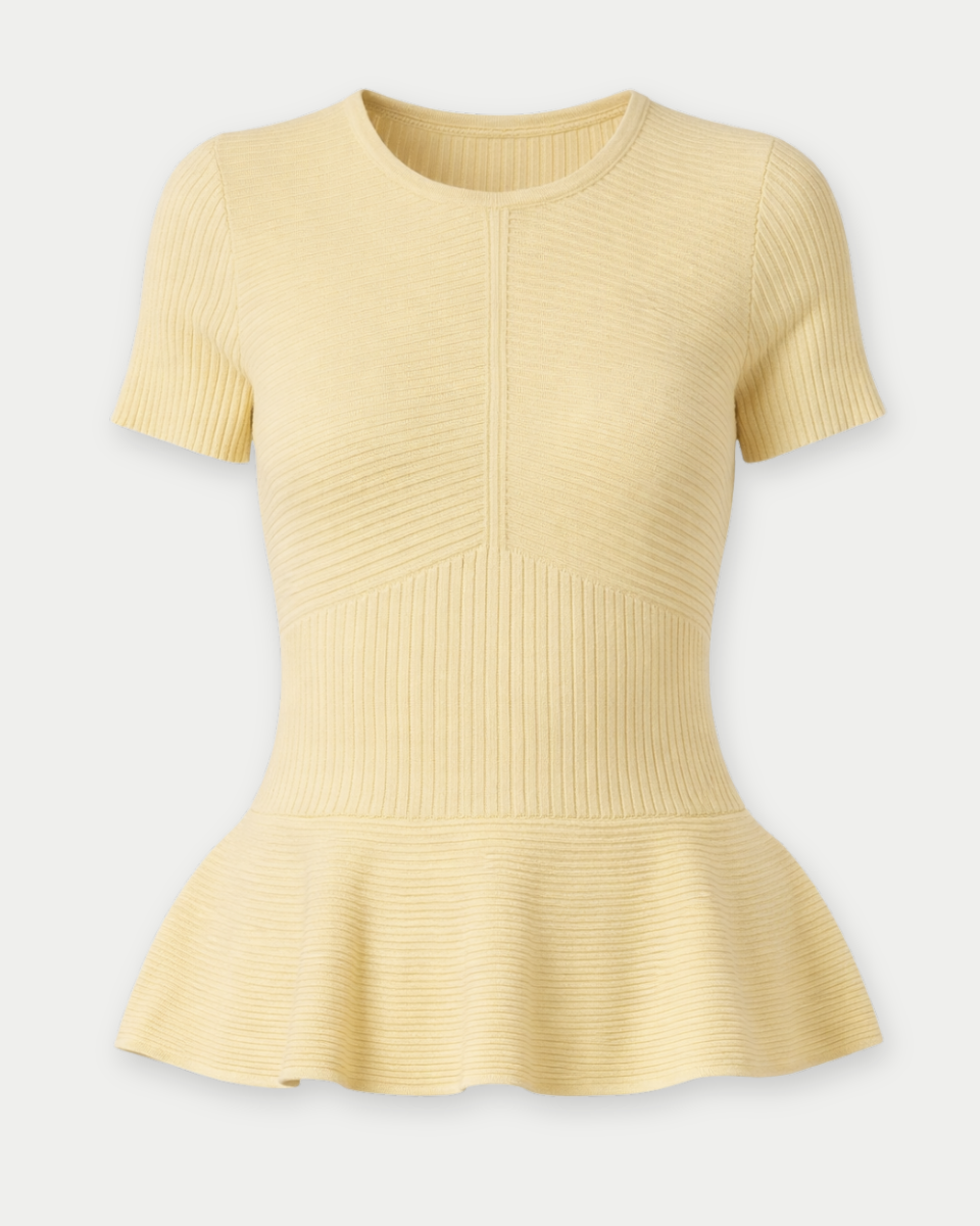 ROUND NECK SHORT SLEEVE PEPLUM RIBBED TOP IN BUTTER YELLOW - Blackbird Boutique