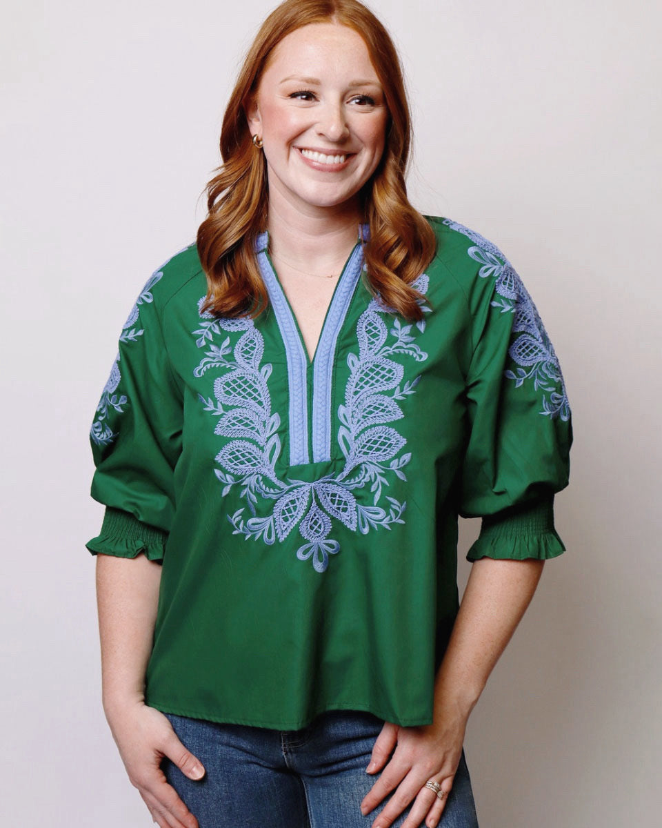 Ariel Embroidered 3/4 Sleeve Top in Hunter Green