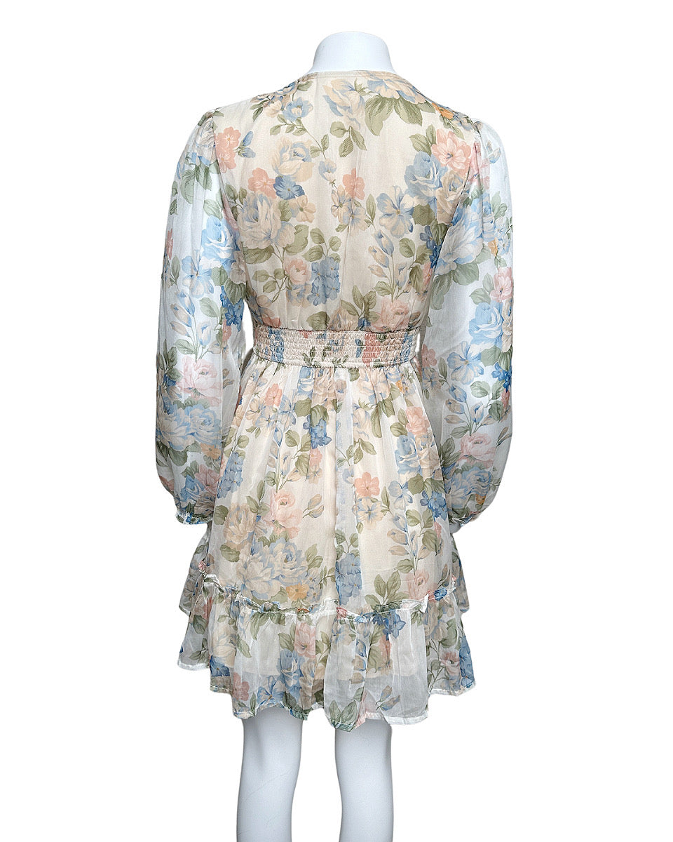 V-NECK FRENCH FLORAL PRINT LONG SLEEVE DRESS