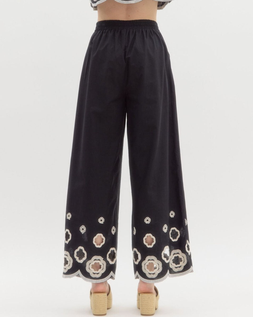 Set - Scallop Embroidered Hem Wide Leg Pants in Black