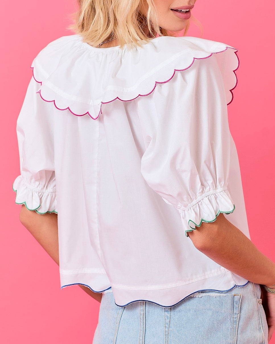 Poplin Top With Multi Colored Scallop Edges in White - Blackbird Boutique