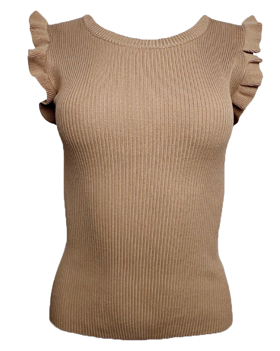 Ruffle Sleeve Ribbed Knit Top in Lt. Taupe - Blackbird Boutique