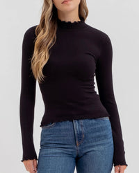 Lettuce Trim Mock Neck Knit Top in Black - Blackbird Boutique