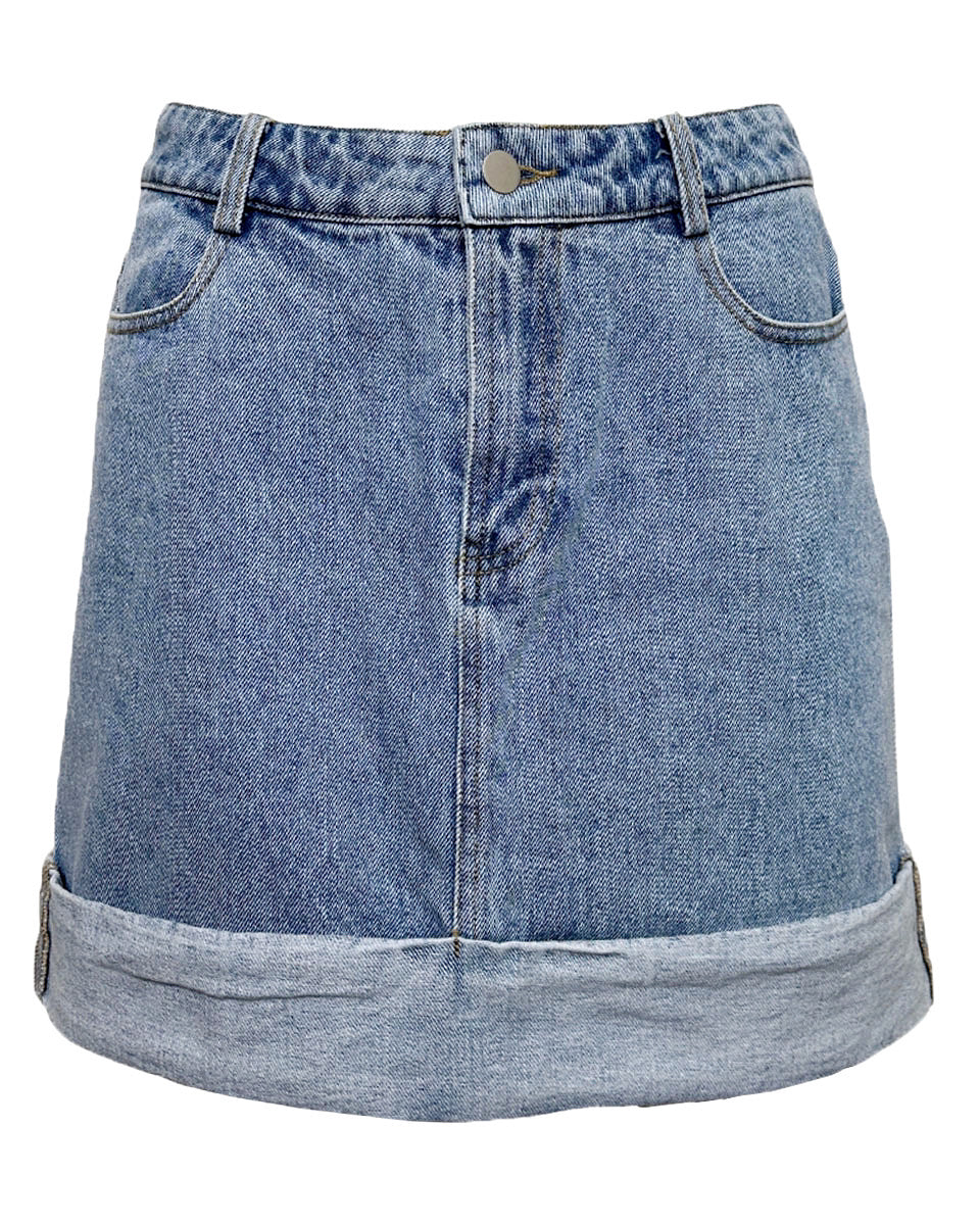 RESTOCK - High Waisted Cuffed Denim Mini Skirt