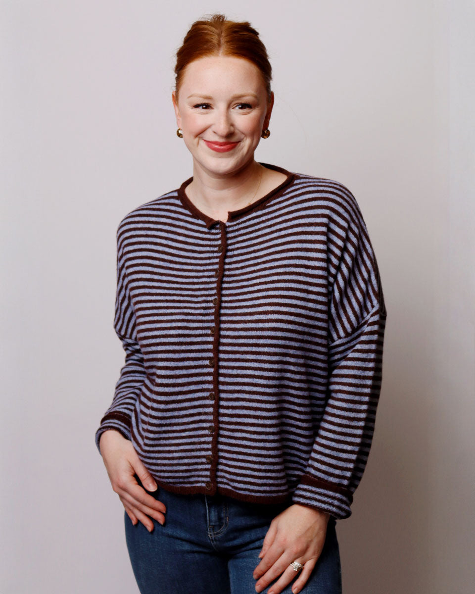 Jill Stripe Raw Edge Button Down Long Sleeve Cardigan