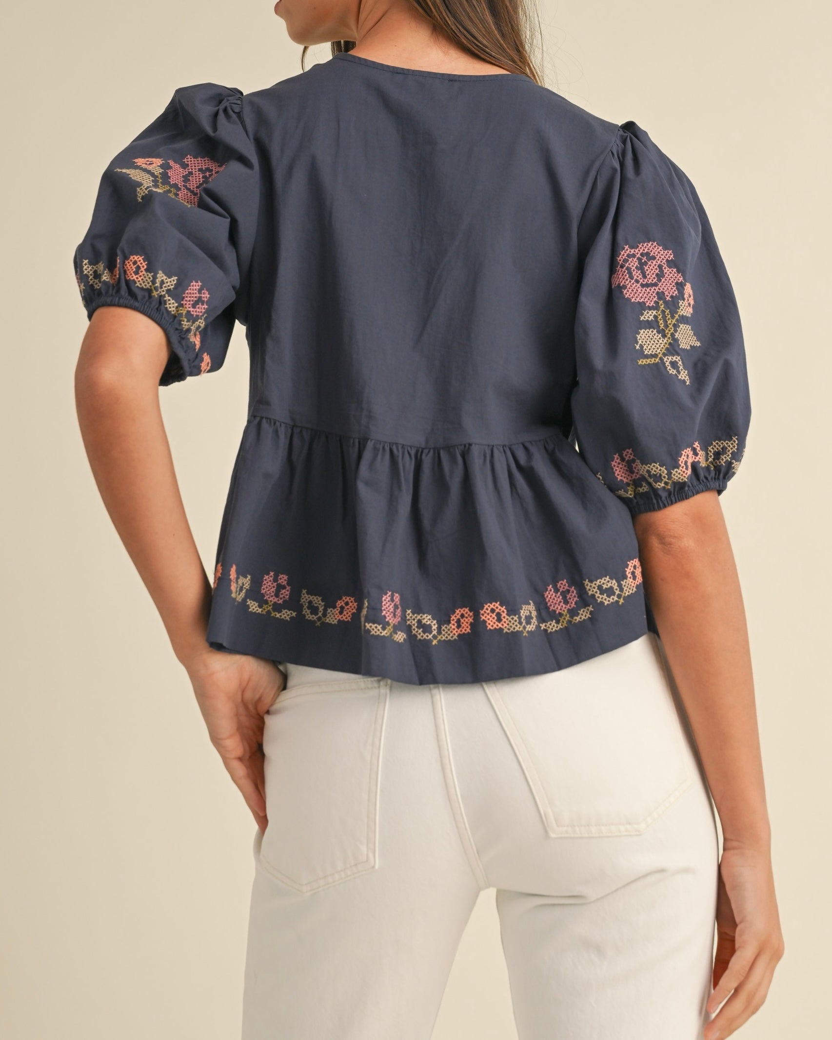 Embroidered Puff Sleeve Bottom Ruffle Front Tie Top in Navy - Blackbird Boutique