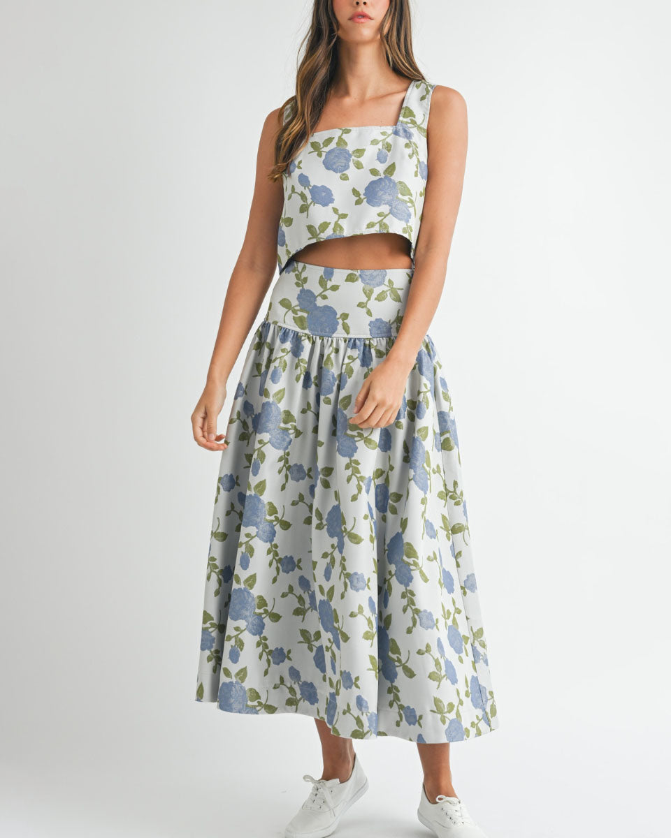 Floral Jacquard Crop Sleeveless Top and Midi Skirt Set