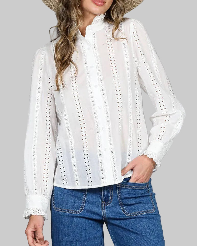 Delphine Ruffled Long Sleeve 100% Cotton Eyelet Lace Blouse