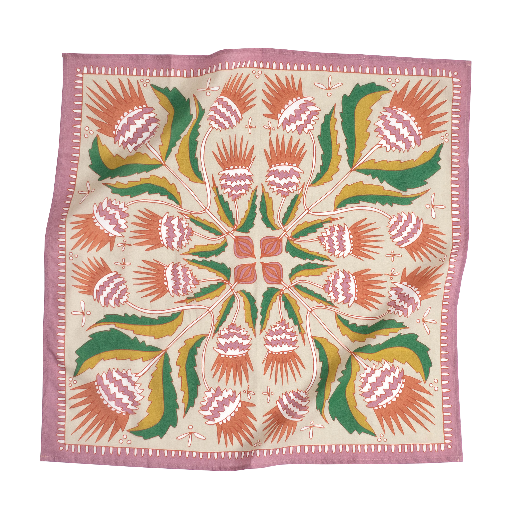 Decorative tablecloth with floral pattern on a white background