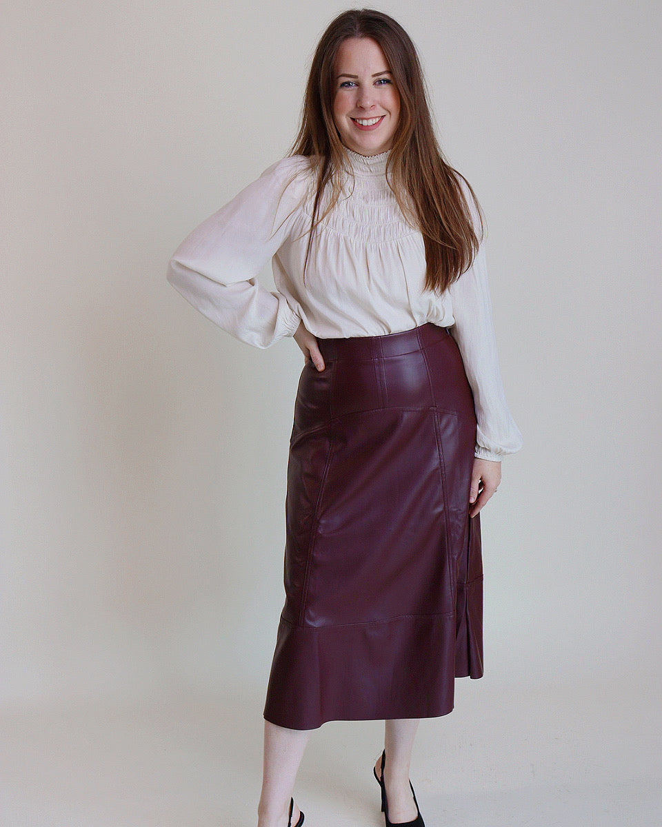Burgundy Faux Leather Midi Skirt - Blackbird Boutique