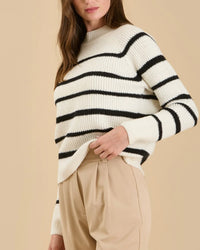 Stripe High Neck Knit Pullover Sweater in Oatmeal/Black