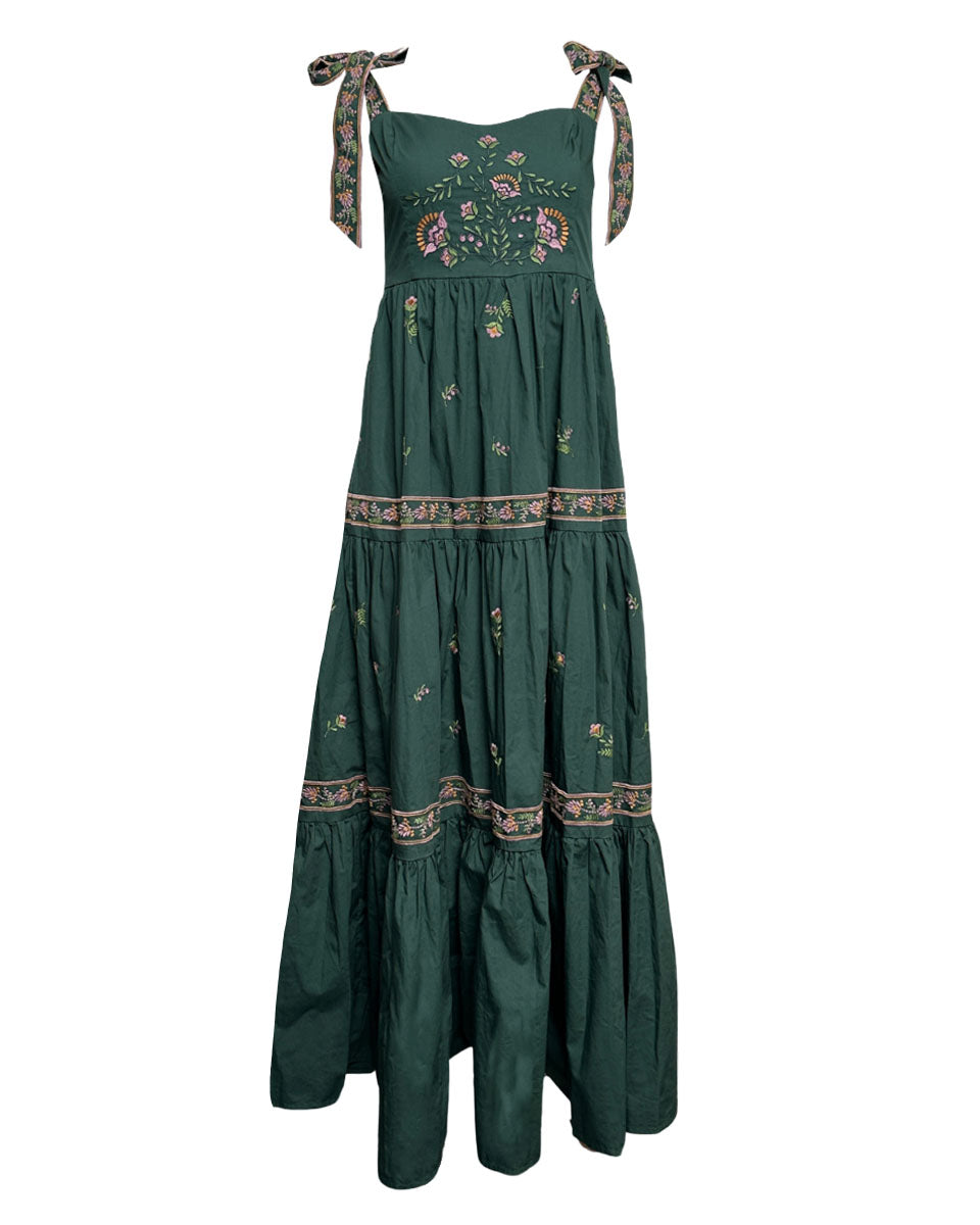 EMBROIDERED TIERED MAXI DRESS - HUNTER GREEN - Blackbird Boutique