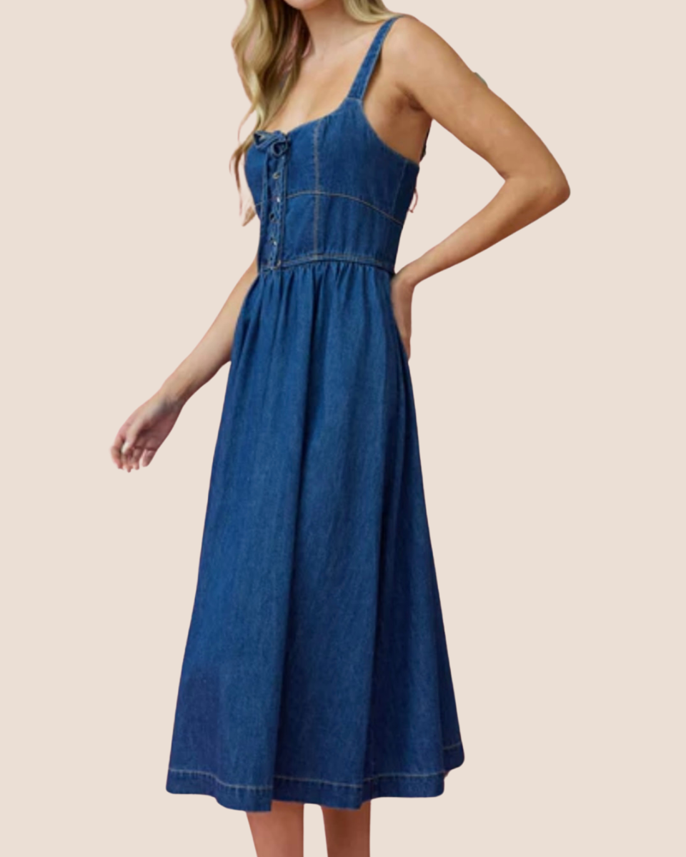 Lace Up Sleeveless Denim Midi Dress - Blackbird Boutique