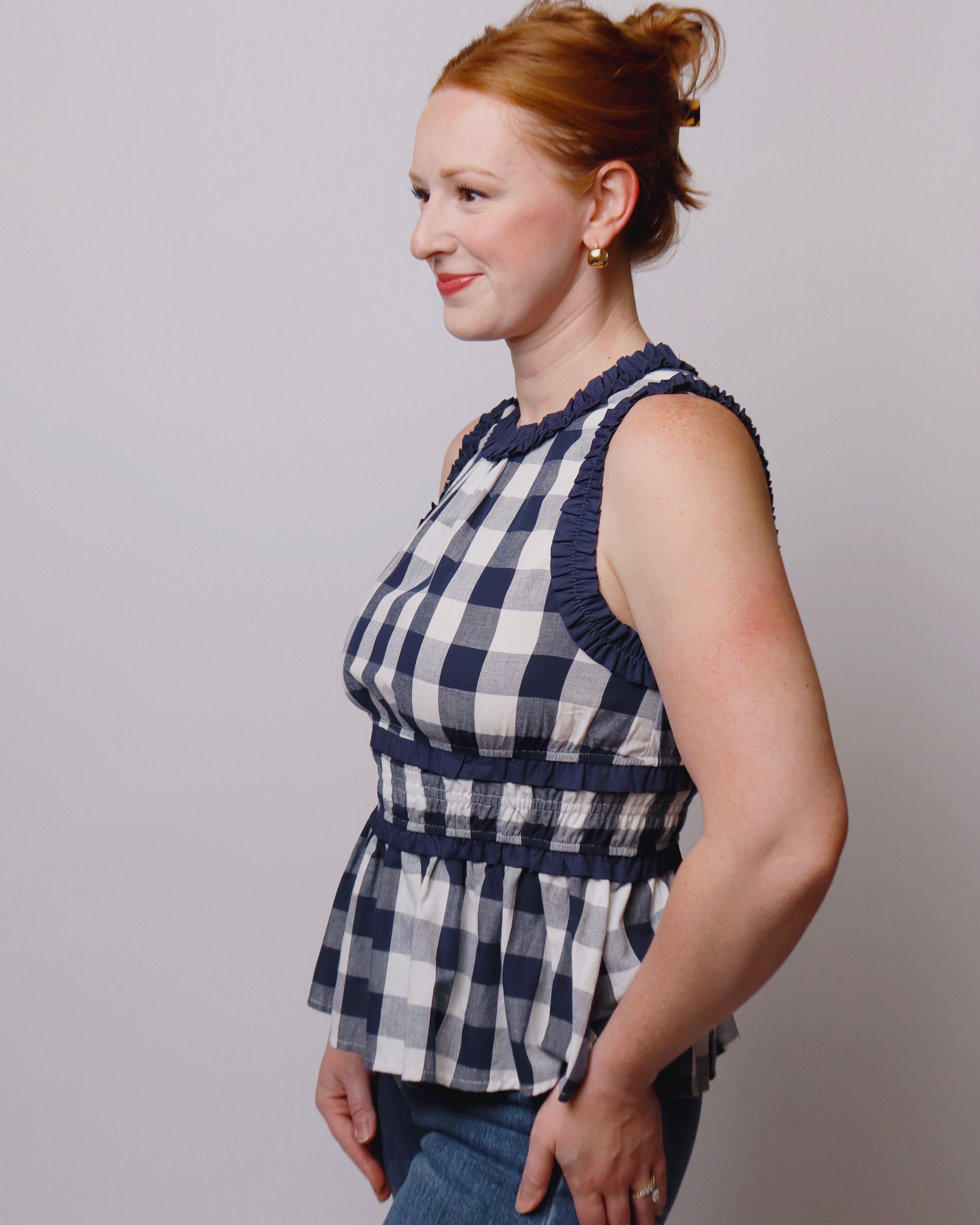 Candace Gingham Sleeveless Peplum Top in Navy