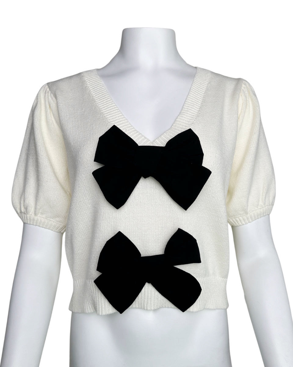 Bow Front V-Neck Puff Sleeve Sweater - Blackbird Boutique