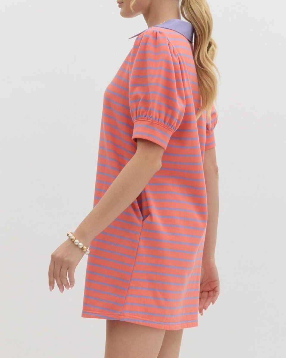 Striped Print Puff Sleeve Mini Dress in Grapefruit - Blackbird Boutique