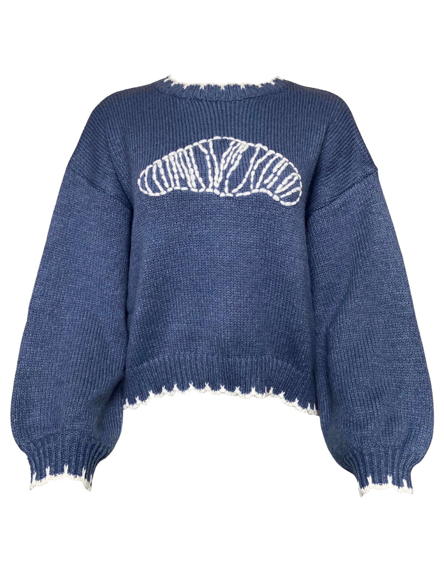 Blue sweater with a white croissant pattern on the back against a white background