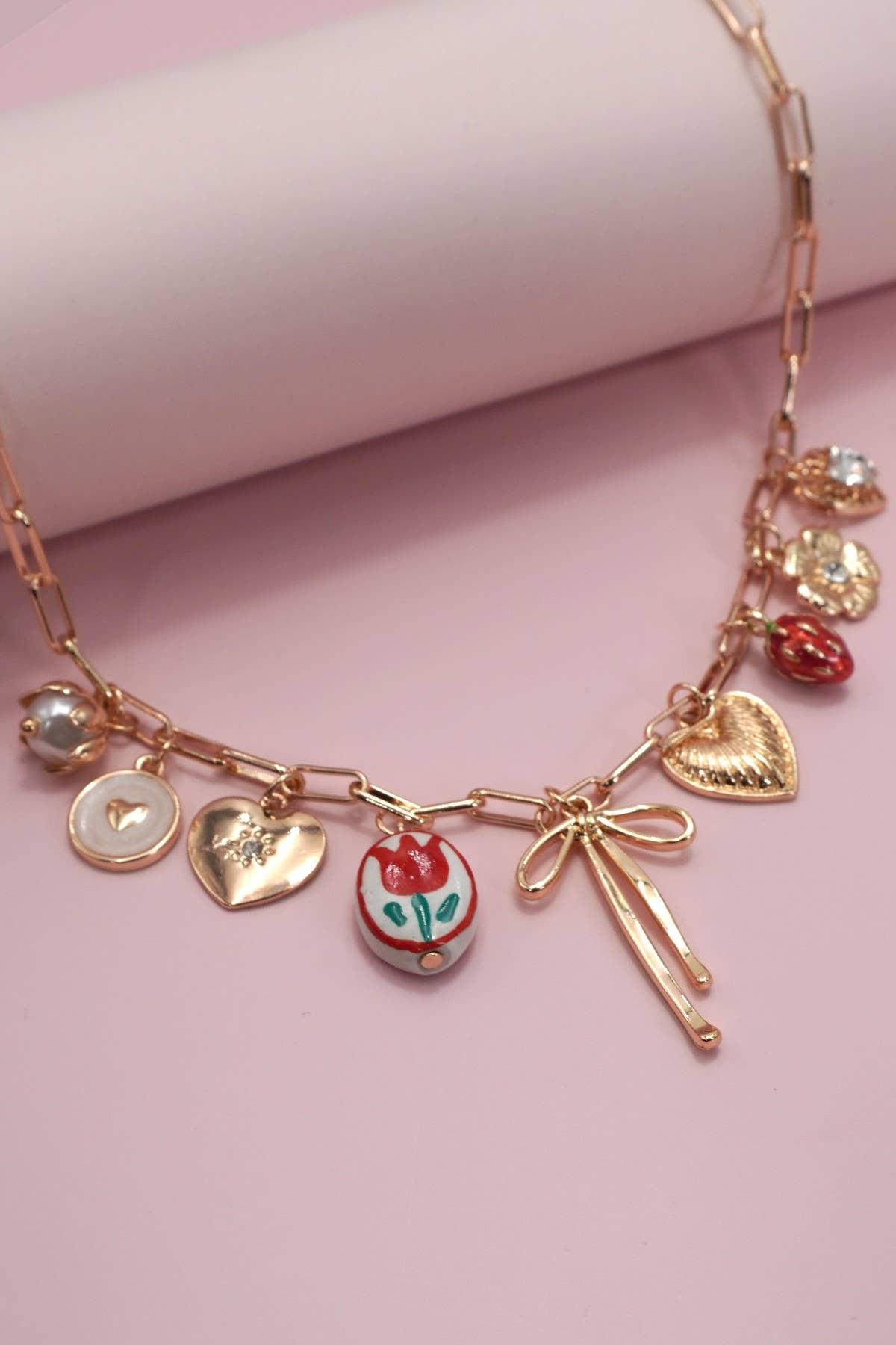 CHARM NECKLACE-BOW TOILE FLORAL HEART RHINESTONE