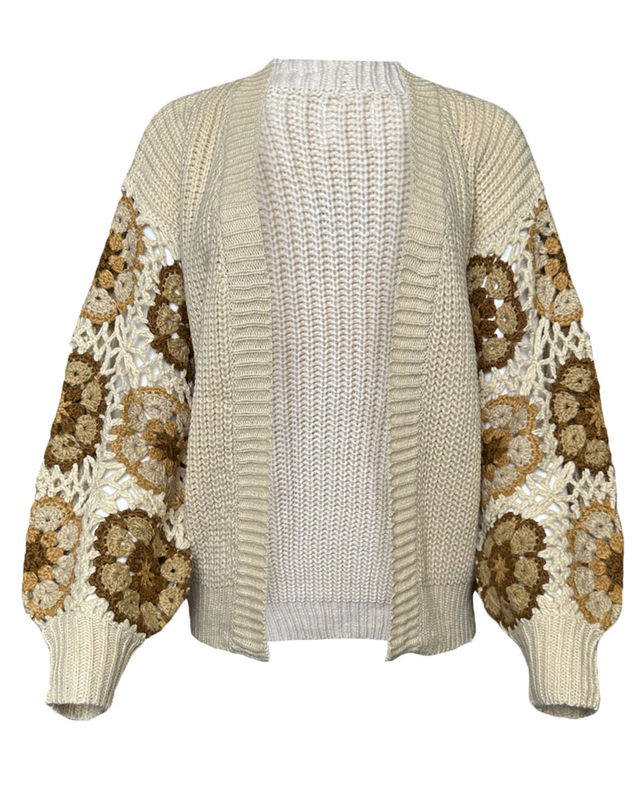 Open Front Cardigan with Floral Crochet Sleeve - Oatmeal