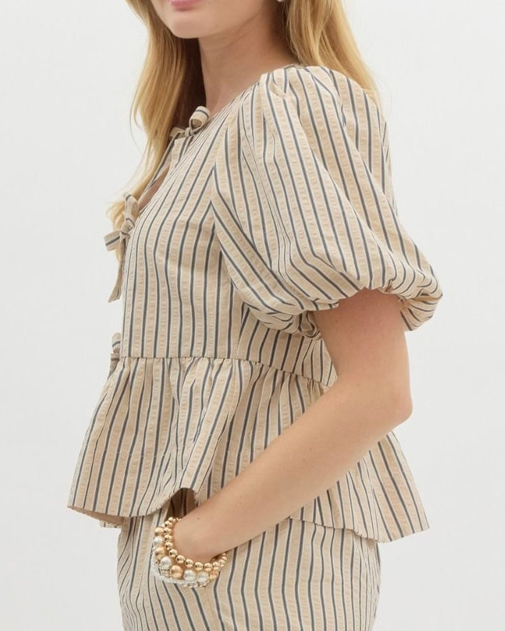 Striped Bubble Sleeve Babydoll Top in Ecru