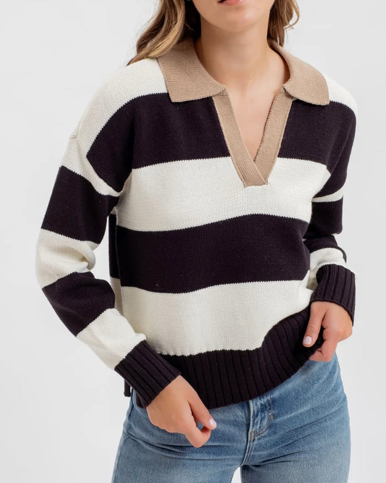 Stripe Contrast Collar Long Sleeve Knit Sweater