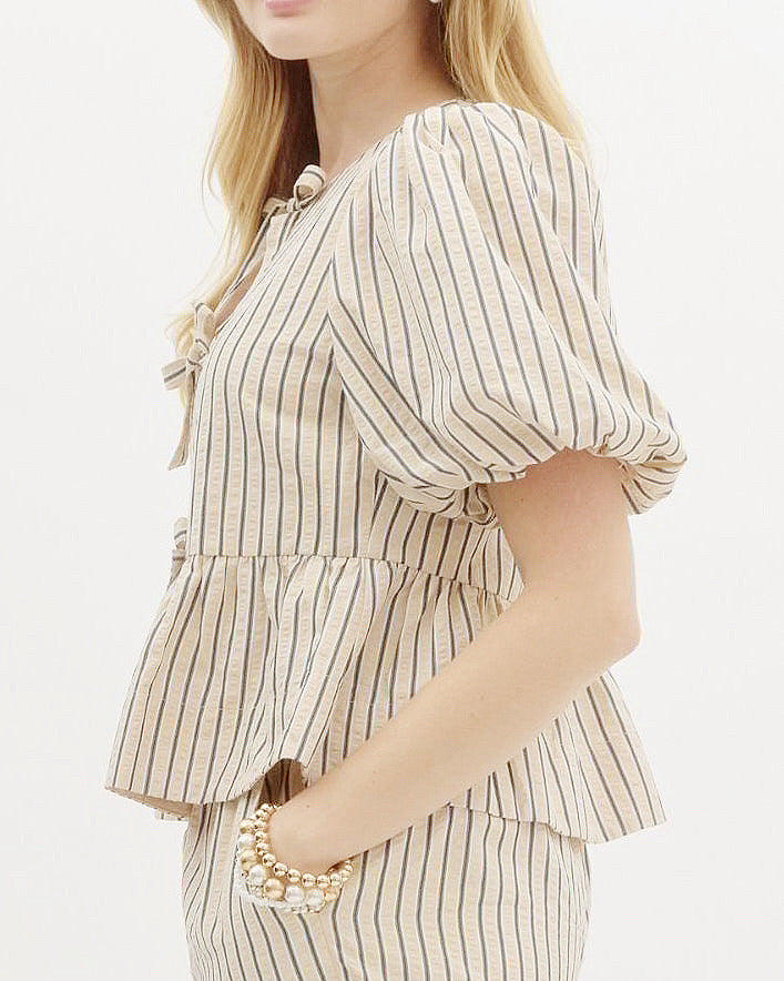 Striped Bubble Sleeve Babydoll Top in Ecru - Blackbird Boutique