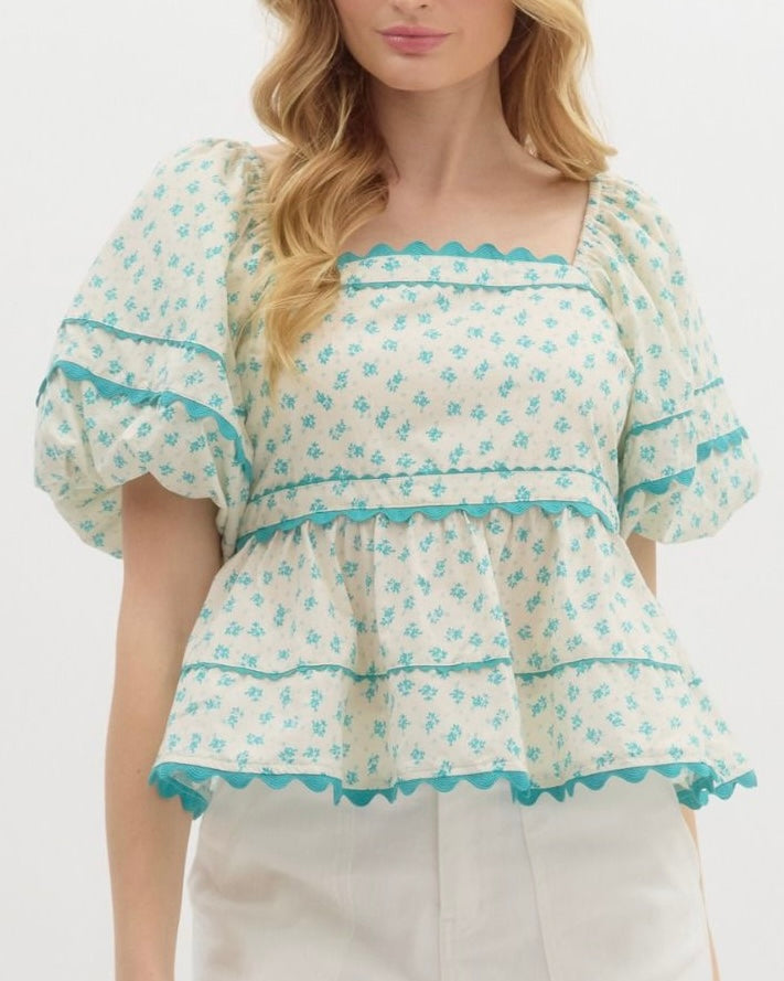 Floral Babydoll Top in Ecru/Teal - Blackbird Boutique