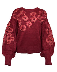 Hand Embroidered Flower Detail Knit Sweater in Crimson - Blackbird Boutique