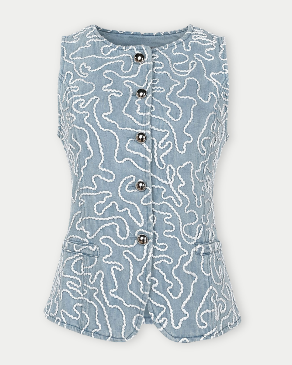 Light blue sleeveless top with white pattern on a light gray background