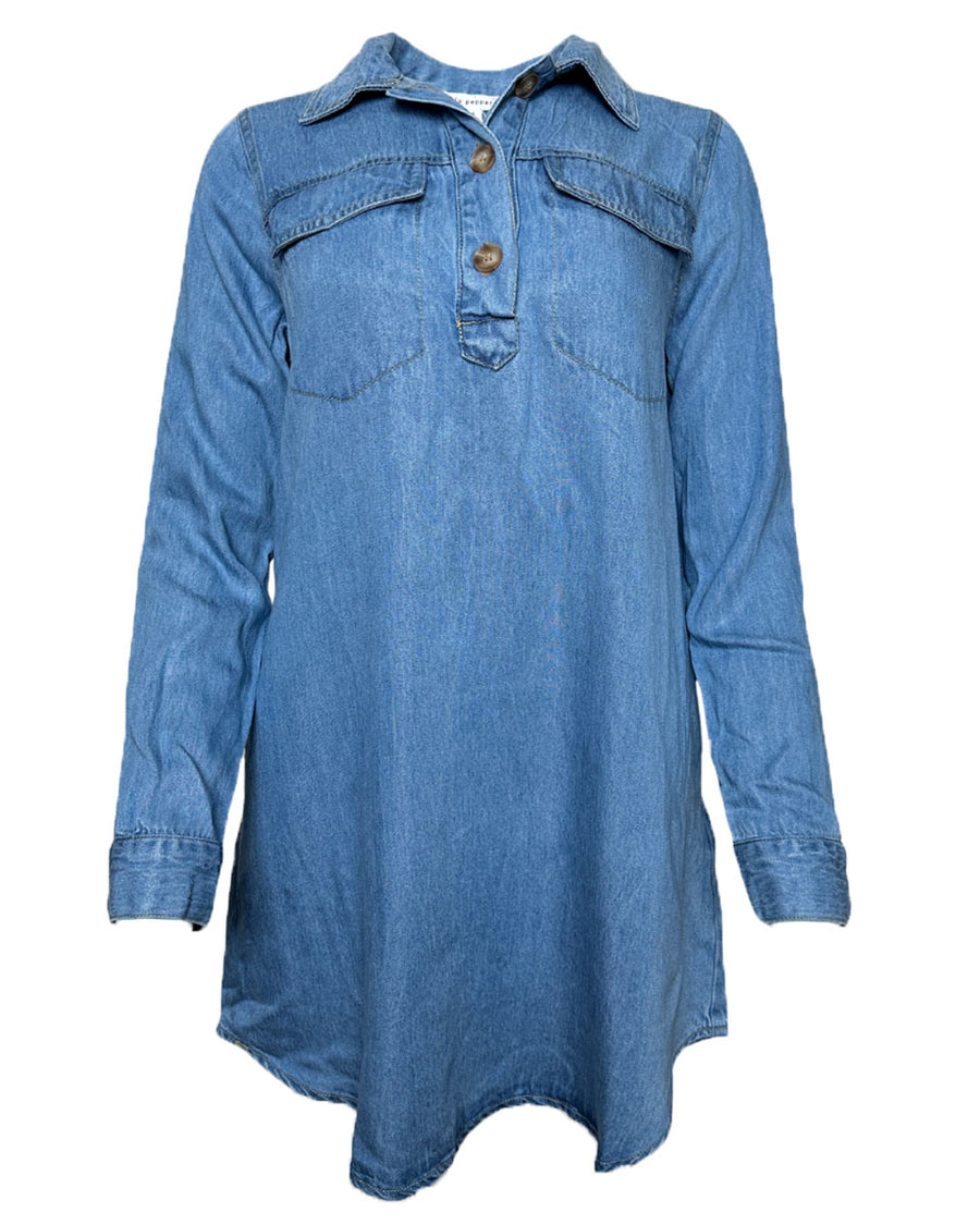 CHAMBRAY COLLARED LONG SLEEVE MINI SHIRT DRESS - Blackbird Boutique